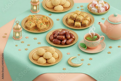 A table is set with various traditional sweets, plates of dates, and a teapot for a Muslim holiday gathering. Lanterns add warmth to the festive setup