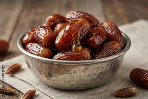 Bowl filled with dates sits on a table during a Muslim holiday meal.