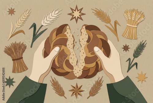 Hands hold traditional bread with wheat symbols around representing a festive occasion.