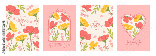 Happy Mother's Day card coquette set. Hand drawn beautiful flowers with bow, spring red and pink floral cute design. Whimsical frames with bows. Perfect for poster, banner. Vector illustration.