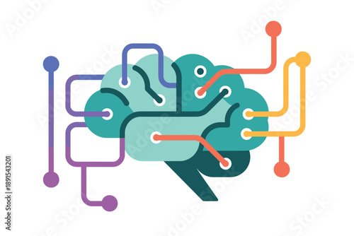 A colorful vector graphic illustration of a brain with circuit lines and wires