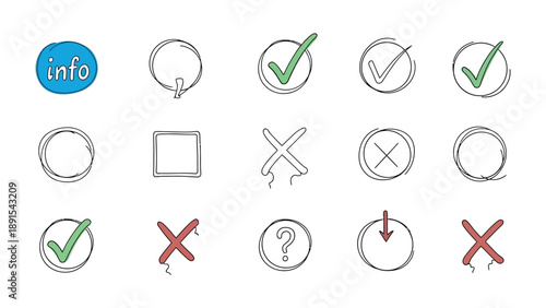 Selection symbols collection: A diverse collection of choice symbols, featuring check marks, crosses, circles, question marks, and downward arrows.