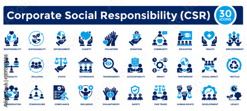 Corporate Social Responsibility (CSR) icon collection set. Containing responsibility, environment, community, conservation, impact, education, health, legacy icon. Simple flat vector illustration.