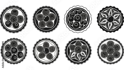 Set of Hand-Drawn Berry Tart Illustrations, Black and White Line Art