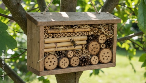 Wooden insect hotel hanging on a tree branch with a bee resting on the bamboo tubes in summer.
