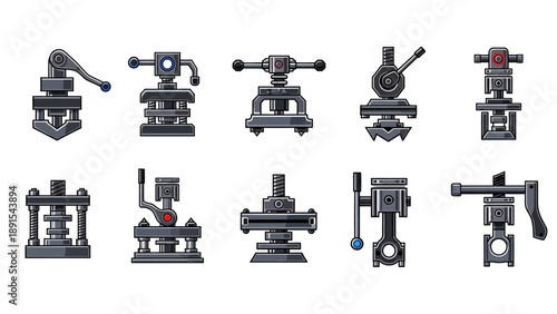 Set of Industrial Presses and Machinery Icons, Vector Illustration
