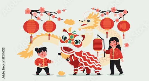 Vibrant dragon dance performance with lion dancers and lanterns in festive cultural celebration