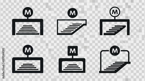 Set of Metro Subway Entrance Signs with 'M' Symbol and Stairs Icons
