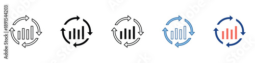 Diverse icon set representing data analysis, business growth, and continuous process cycles, illustrating concepts of progress updates and data refresh operations across various design styles