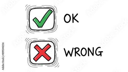 OK and Wrong: Conceptual representation of correct and incorrect choices, highlighting a decision-making moment with simplicity and clarity. 