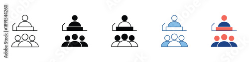 Collection of versatile presentation icons featuring a speaker addressing an audience, suitable for conveying leadership, business meetings, and educational seminars