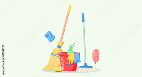 Cleaning Supplies and Tools Arranged Together for Housekeeping Tasks