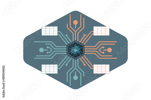 A vector graphic illustration of a circuit board design with a central hexagonal shape and radiating lines