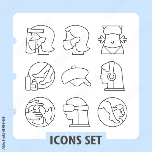 Woman with face mask, skincare, washing head simple icons set depicting hygiene, safety, health and wellness items in solid style for apps and print on white background. Set of nine thin line icons.