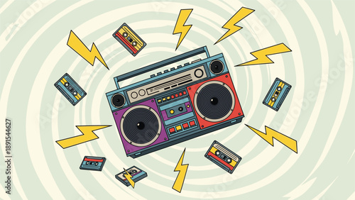 Colorful retro boombox illustration with floating cassette tapes and lightning bolts against a swirling backdrop.