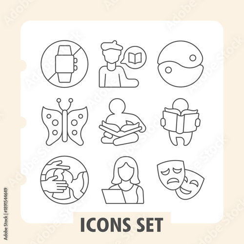 Wristwatch ban, butterfly, face skincare simple icons set representing communication, reading and emotions items in outline style for apps and print on white background. Set of nine thin line icons.