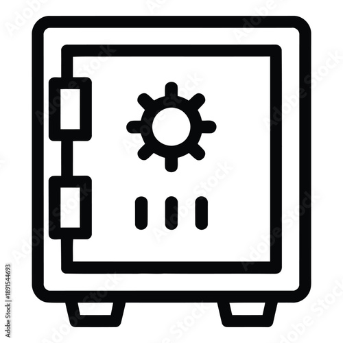 Secure safe locker icon with gear symbol in minimal outline style representing data security, protection, storage and system control concept