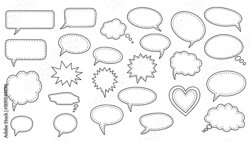 Comprehensive collection of hand drawn comic speech bubbles and thought clouds in various shapes for creative design.