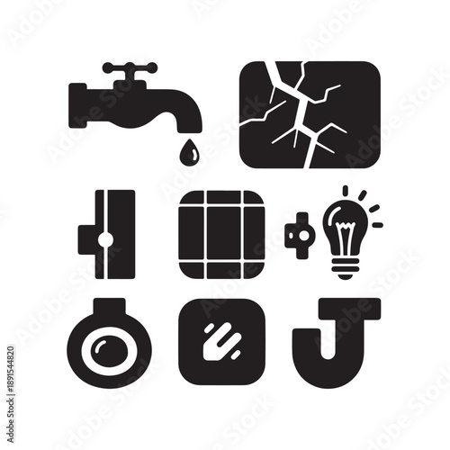Home Repair and Maintenance Utility Icons Representing Plumbing Electrical Services and House Renovation. 