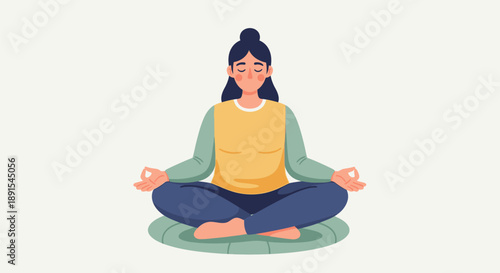 A serene illustration of a woman meditating peacefully on a mat, surrounded by simplicity