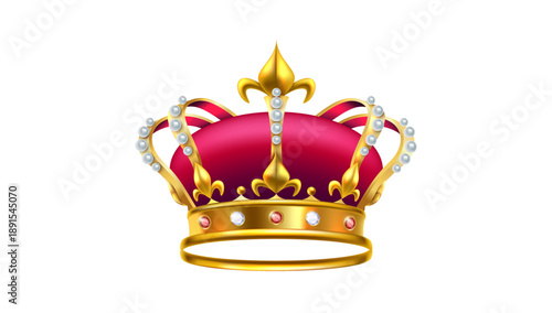 Illustration of a royal golden crown adorned with red velvet and pearls, symbolizing monarchy, luxury, power, royalty, ceremonial regalia, and noble heritage in a detailed decorative vector or realist