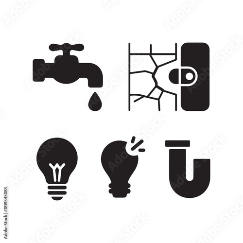 Home Repair and Maintenance Utility Icons Representing Plumbing Electrical Services and House Renovation. 