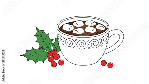 Mug of hot chocolate topped with marshmallows sitting next to a sprig of holly with red berries on white.