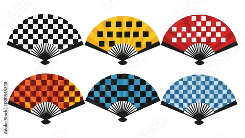 Set of Six Decorative Japanese Fans with Checkerboard Patterns in Vibrant Colors