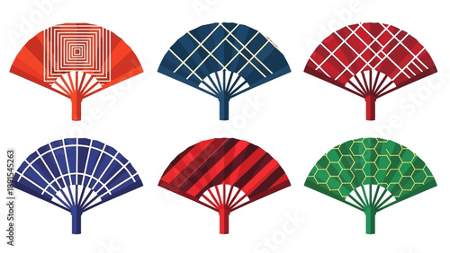 Set of Six Decorative Folding Fans with Geometric Patterns in Red, Blue, and Green