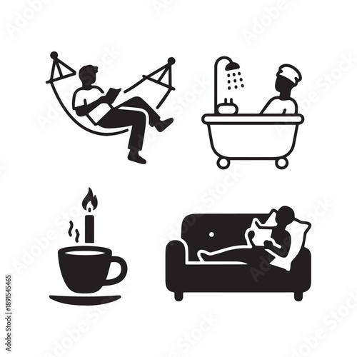 Lifestyle Icons Set Representing Relaxation Wellness Self Care and Home Comfort. 
