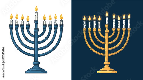 Pair of Hanukkah menorahs with nine lit candles one in blue and one in gold colors for holiday celebration.