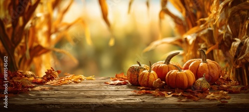 The Pumpkins on Rustic Wooden Table Surrounded by Autumn Leaves and Cornstalks