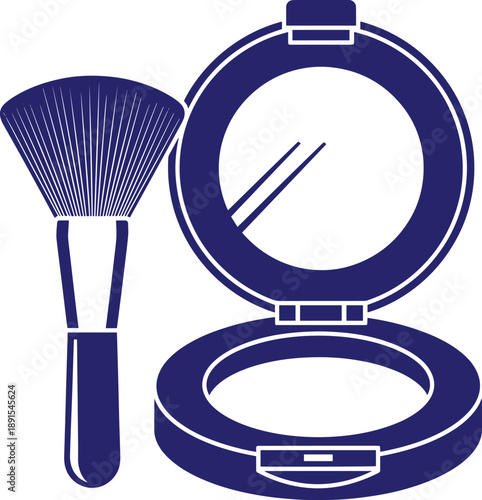 Open makeup compact with mirror and brush isolated on gray