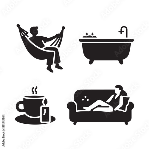 Lifestyle Icons Set Representing Relaxation Wellness Self Care and Home Comfort. 