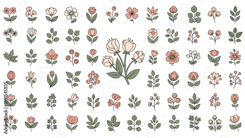 Large set of small floral and leaf icons in muted pink and green tones for creating decorative patterns and art.