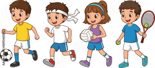 Kids Sports and Physical Activity Set with Soccer Running Volleyball and Tennis Characters for Youth Athletic Vector Illustration