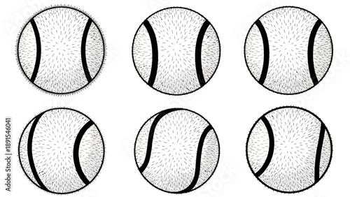 Set of Six Tennis Balls in Black and White, Sports Equipment Illustration