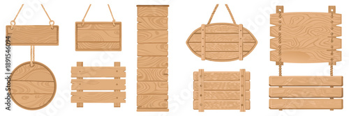 Cute cartoon wooden sign set, multiple blank wooden boards, vintage countryside style, flat vector illustration, soft colors, clean lines.
