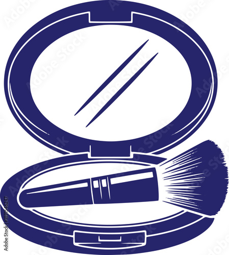 Open makeup powder compact mirror and brush icon blue silhouette