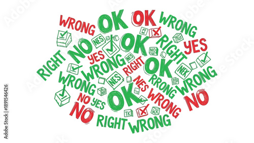 Word Cloud of Choices: A dynamic word cloud filled with contrasting terms - OK, Right, Yes and Wrong, No - representing diverse choices and decisions.