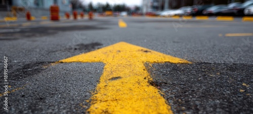 The arrow painted on asphalt leading forward through a blurred urban parking lot