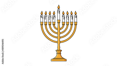 Traditional Jewish menorah with nine glowing candles for Hanukkah festival celebration isolated on a clean white background.