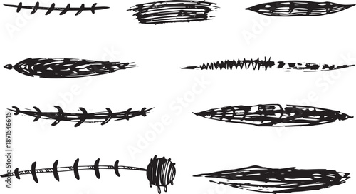 Brush set. Vector black paint brush spots, highlighter lines or felt-tip pen marker. Ink smudge abstract shape stains and smear set with texture