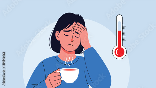 Sick woman suffering from a headache and fever holding a cup of hot drink with a thermometer indicating a high body temperature.