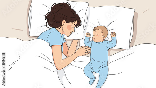 Loving mother sleeping peacefully in bed alongside her newborn baby in a tender moment of bonding and rest during the night.