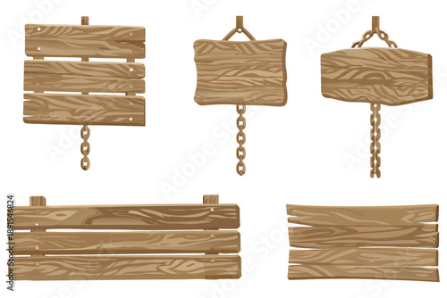 Handcrafted wooden signboards, empty signs, visible wood grain, simple shading, flat cartoon vector style, no text.