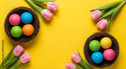 Easter eggs in bird nests with tulips on yellow background