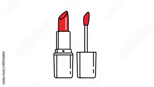 Red lipstick tube and matching lip gloss applicator brush shown as essential makeup and beauty products for cosmetic routine.
