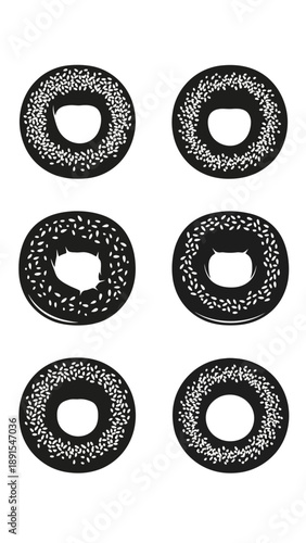 Six Bagels with Sesame Seeds, Black and White Illustration