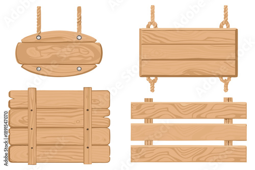 Hand-drawn style wooden signboards, rustic wood texture, different sign shapes, nailed planks, flat illustration, simple shading